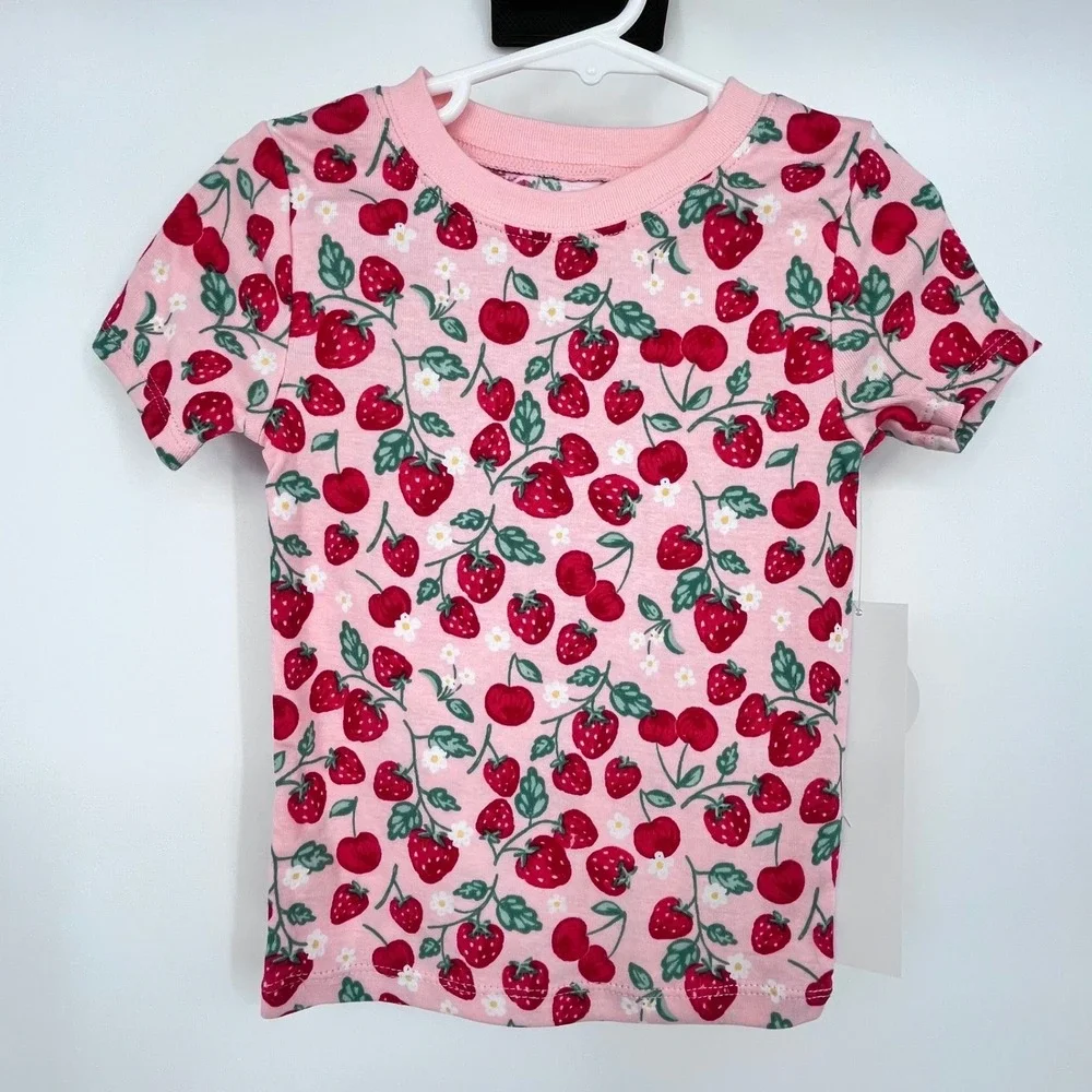 Pink Strawberry Cherry Print Pajamas Girls 3T Snug Fit 2pc Set Springtime‎ Cute